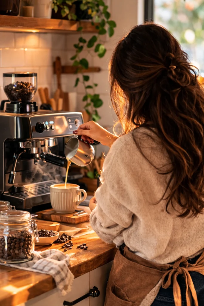 woman brewing espresso with espresso machine in a warm home kitchen coffee setup