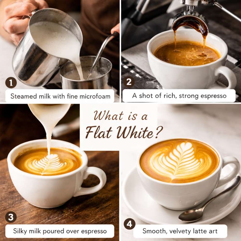 Step-by-step flat white coffee preparation with espresso shot and silky microfoam milk poured to create latte art