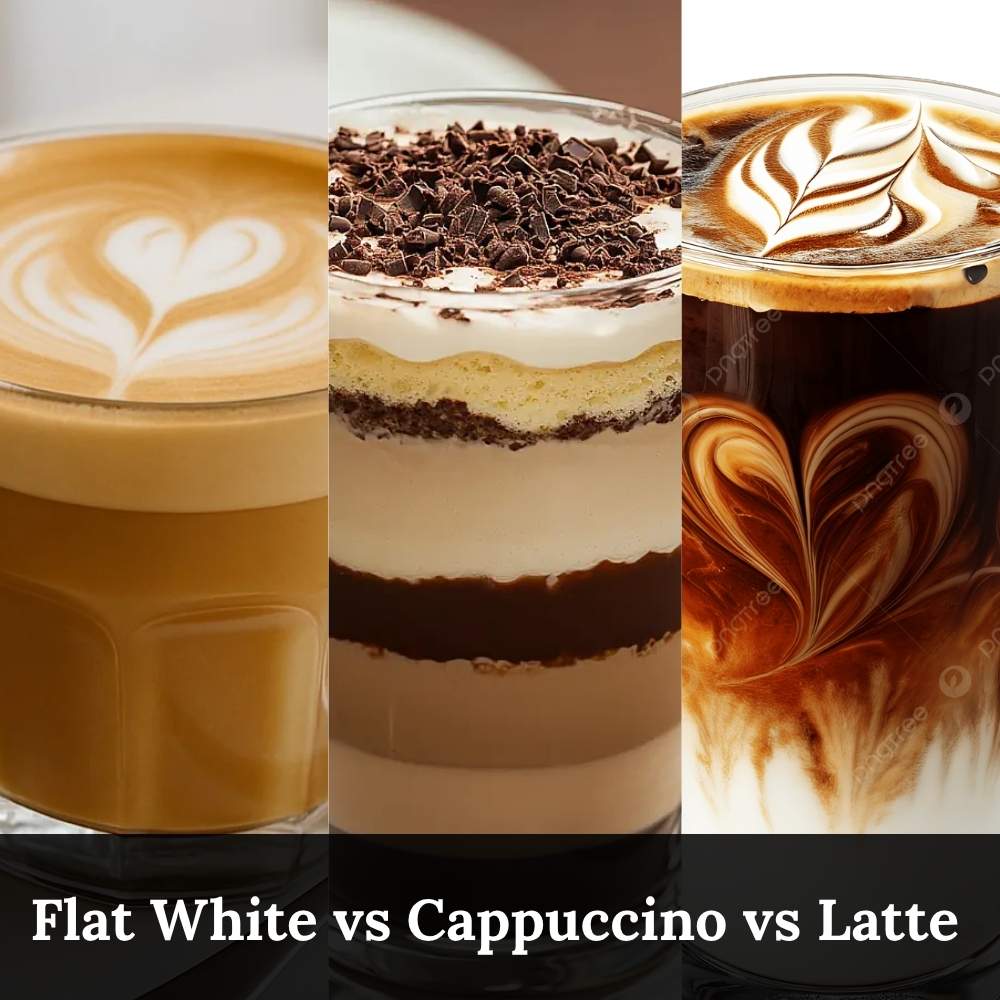 Flat white vs cappuccino vs latte comparison showing differences in milk texture, foam levels, and coffee appearance